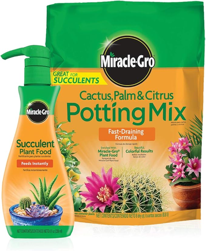 Miracle-Gro Cactus, Palm & Citrus Potting Mix and Succulent Plant Food - Bundle of Potting Soil (8 qt.) and Liquid Plant Food (8 oz.) for Growing and Fertilizing Indoor Succulents