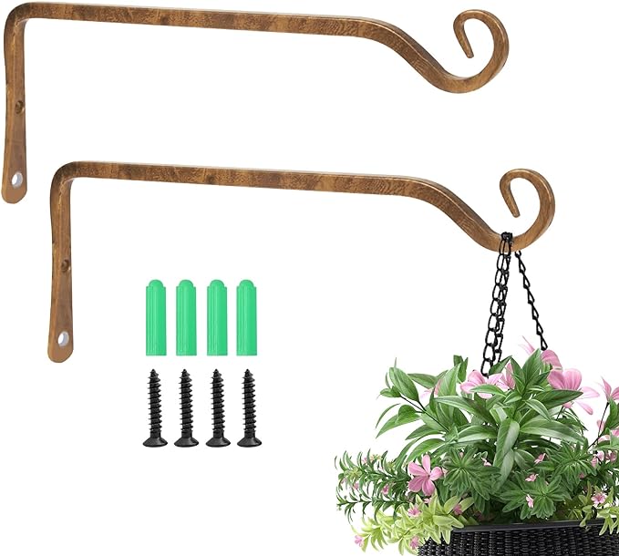 Jardim 2 Pack 10 Inch Premium Decorative Metal Iron Wall Hangers for Home Decor, Indoor Outdoor Plant Bracket Rustic Hanging Gardening Hooks for Planters, Bird Feeders, Lanterns, Wind Chimes (Coffee)