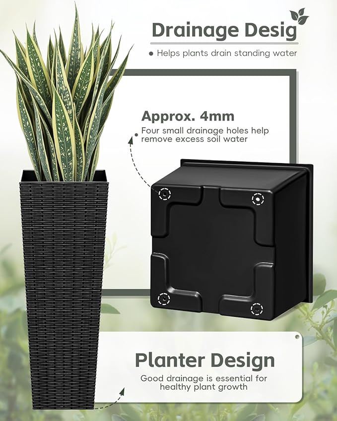 Greesum Large Tall Planter for Outdoors Plants, Set of 2, 32" Tall Plastic Flower Pots, Tapered Porch Planter with Drainage Holes for Patio, Backyard, Black