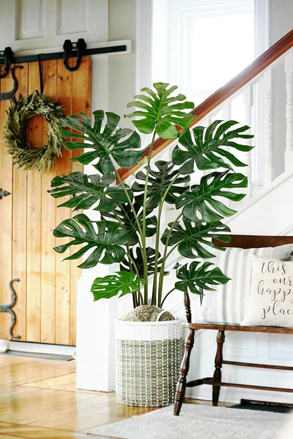 Hollyone Artificial Monstera Deliciosa Plant 4.5FT Tall Fake Tropical Palm Plants Trees Faux Monstera Indoor Swiss Cheese Plants for Indoor Outdoor Home Office Garden Living Room Decoration, 1 Pack