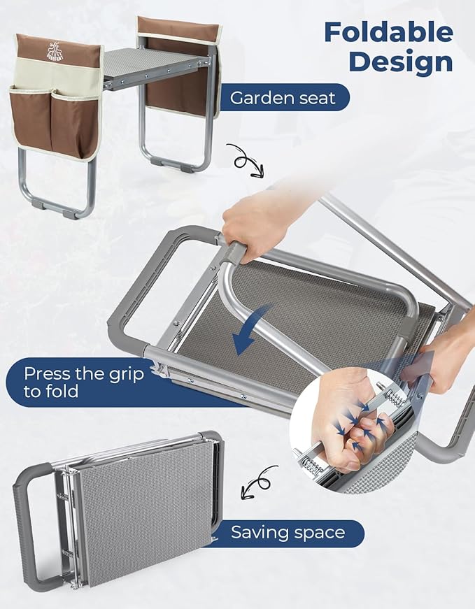 DEERFAMY Garden Stool 10.2" Width, Garden Kneeler and Seat Load Cap 350 lbs, Heavy Duty Gardening Stool with Extra Kneeling Pad, 2 Tool Pouches, Claw Gloves, Gift for Women Seniors, 2 Pack