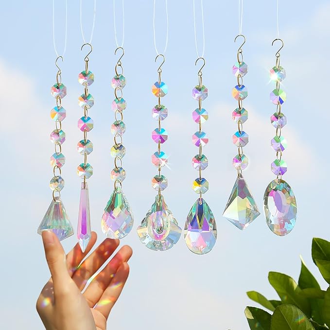 Sun Catchers for Windows Hanging, 7 Pcs Sun Catcher with Crystals, Colored Crystals Suncatchers Prisms Glass Pendant Ornament for Chandelier Garden Home Room Decoration
