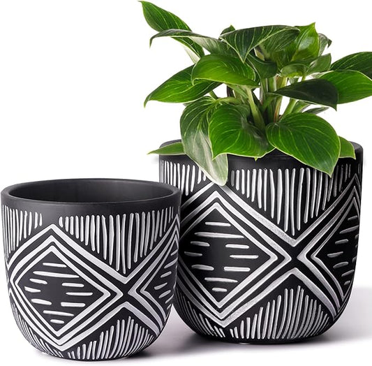 6 Inch Boho Planter Pots with Drainage Holes, 2 Pcs Terracotta Pots, Ceramic Plant Pots for Indoor Plants, Ferns, Vines, Succulents, and Outdoor Plants Growing, Gift for Plant Lovers(Black)