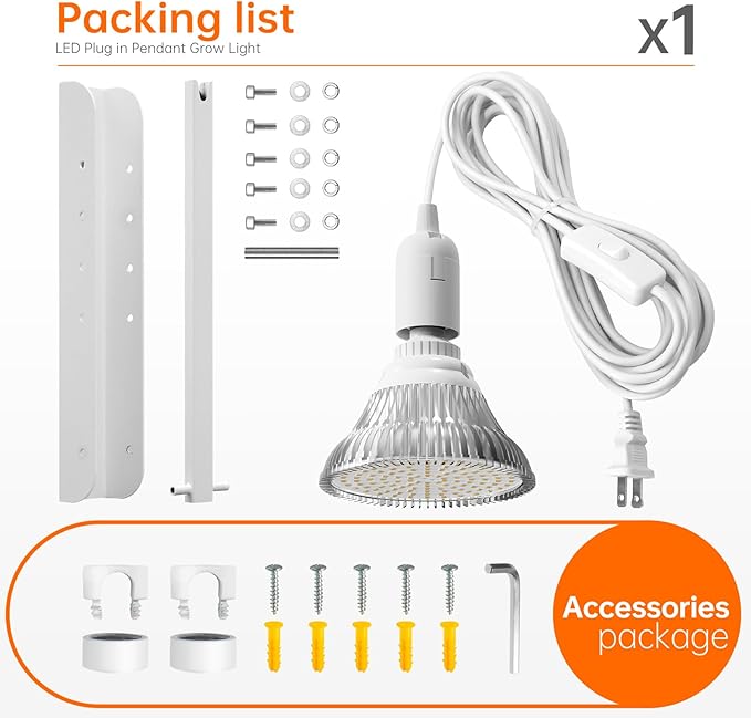 Hanging Grow Light with Wall Mounted Bracket, 25W, 3000K Led Plant Light Bulb, Full Spectrum Pendant Grow Light with Timer, 16.4 FT Power Cord, Decorative Grow Light for Indoor Plant