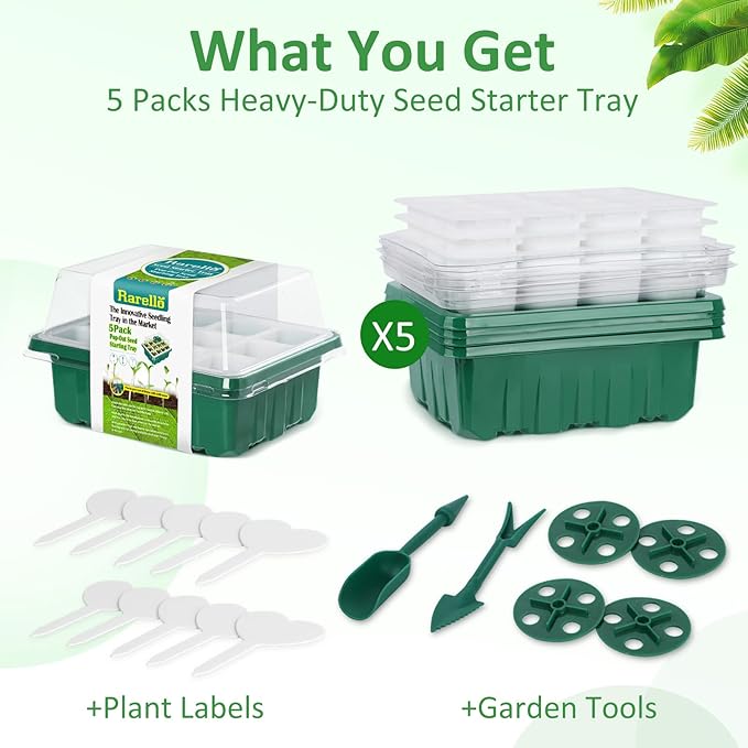 60 Cells Seed Starter Tray Seed Starter Kit,5 Pack Reusable Seedling Starter Trays with Flexible Silicone Bottoms and Humidity Domes,Indoor Greenhouse Garden Propagation Set for Seed Starting