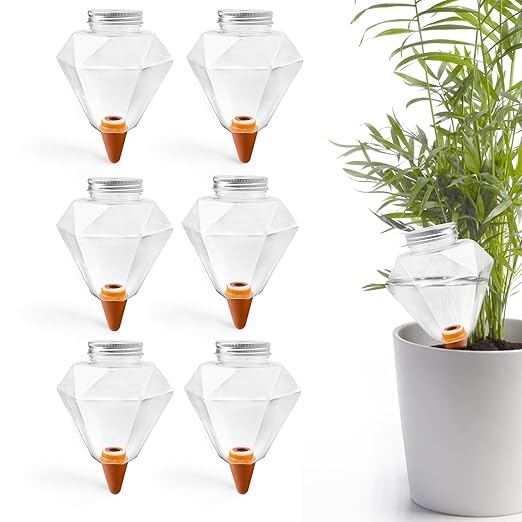 Watering Globes XL - 6 Pcs Diamond Plastic Shape Plant Watering Globes Self Watering Planter Insert 17oz Large for Indoor&Outdoor Plants Watering Bulbs
