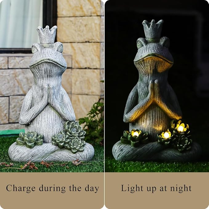 Large Garden Statue Yoga Frog Sustainable Eco-Friendly Solar Lights with LED Sustainability Sculpture Courtyard Balcony Home Decoration(20" Tall