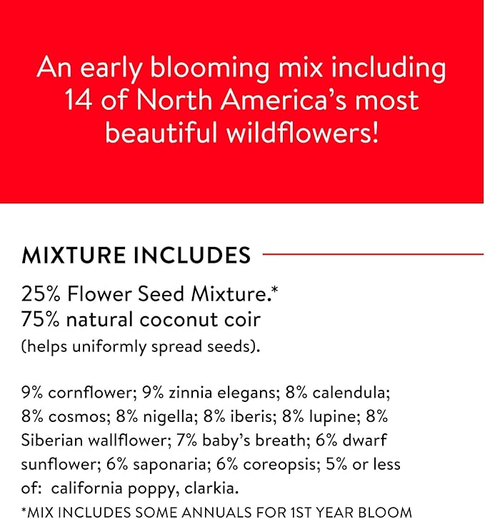 Burpee Fast Blooming 25,000 Non-GMO Planting, 1 Bag Easy Grow Wildflower Seed Mix Contains 14 Flower Varieties for Home Garden