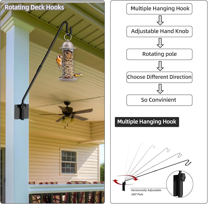 Deck Hook Wall Mounted,Extended Plant Hanger Outdoor,Bird Feeder Hanger-Metal Fence Shepherds Hooks Bracket for Hanging Hummingbird Feeder,Planter,Flower Baskets,Lantern-360°Rotating Pole