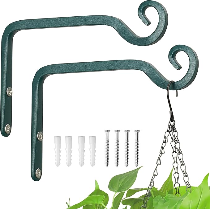 Kingsyard 2-Pack Wall Plant Hanger Outdoor - Heavy Duty Metal Hanging Bracket Hooks for Hanging Plant Bird Feeders Lanterns Wind Chimes Outdoor & Indoor, 6-Inch/Green