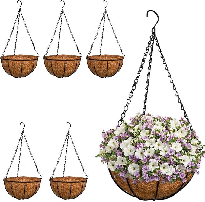ZeeDix 6 Pack 10 Inch Metal Round Hanging Planter Basket with Coconut Liners Replacement, Hanging planters Baskets with Natural Coco Liner for Outdoor Indoor Planters Flowers Vegetables