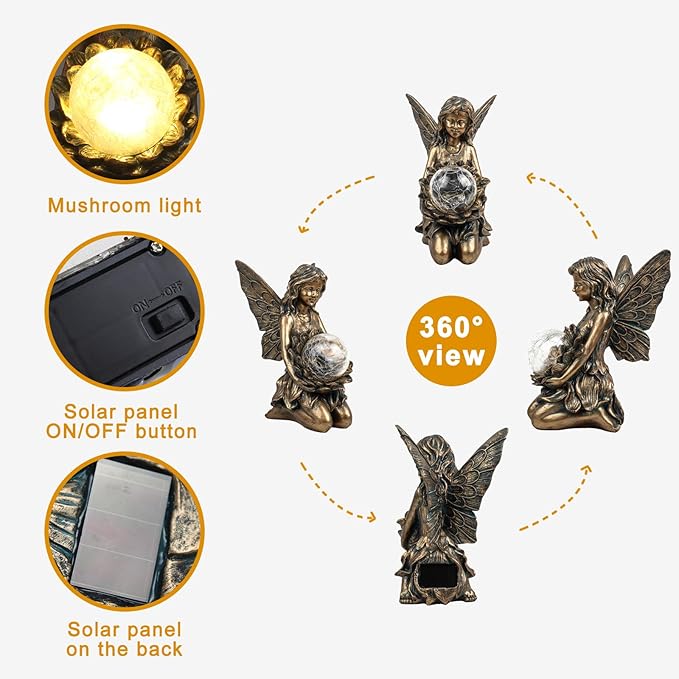 Garden Statues Outdoor Flower Fairy Decor,Solar Powered Outdoor Resin Statues-Patio Lawn Yard Porch, Funny Garden Fairies Ornaments Figurines for Outside Garden Gifts,8.31 Inches Tall