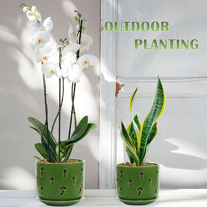 KERUITA Orchid Pots with Holes, 6 inch + 5 inch Orchid Planters with Dancing Mushroom Shaped Holes, Enhanced Drainage and Ventilation,Green Flower Pots for Indoor/Outdoor Plants for Repotting