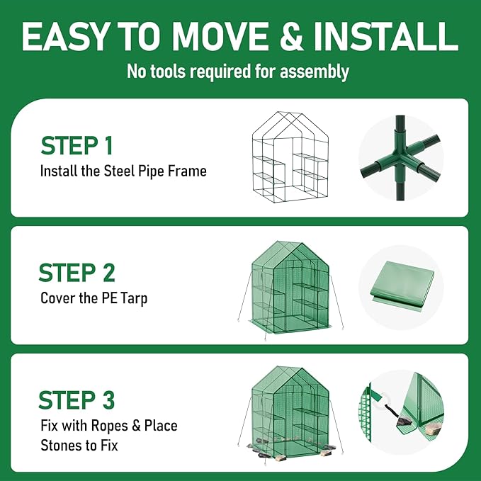 56×56×78Inch Walk-in Greenhouse, Heavy Duty Small Plant House with Thicken PE Cover and Steel Frame, for Garden, Outdoors, Indoors, Green