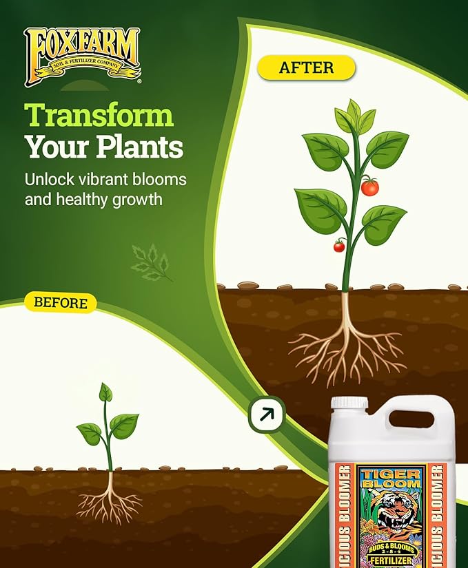 FoxFarm Tiger Bloom Liquid Fertilizer Concentrate - Fast Acting Formula for Vicious Growth with Phosphorus - Encourages Fruit, Flower & Bud Development, NPK 2-8-4 (2.5 Gallons)