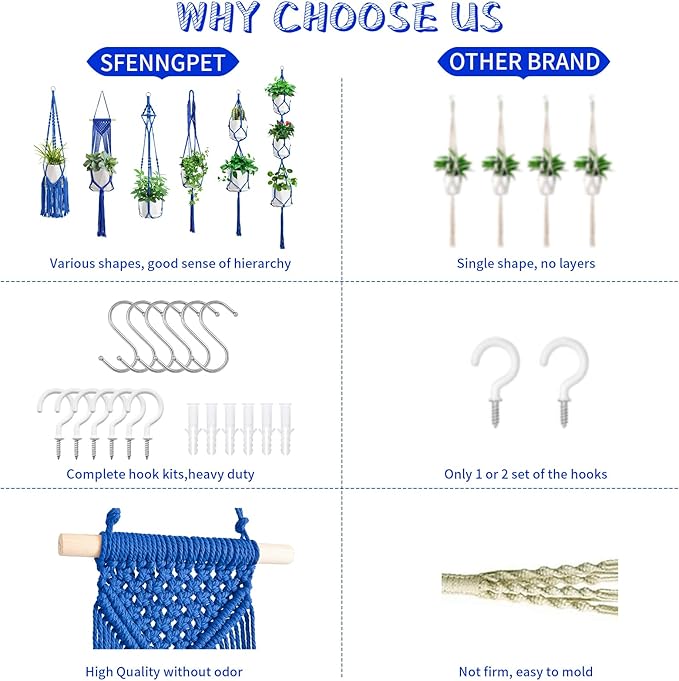 Macrame Plant Hangers, 6Pack Hanging Planters for Indoor Plants w/ 6 Set Hangers Kit Handmade Macromay Plant Hangers Indoor Flower Pots Holder Stand for Boho Home Décor (POTS NOT Included)