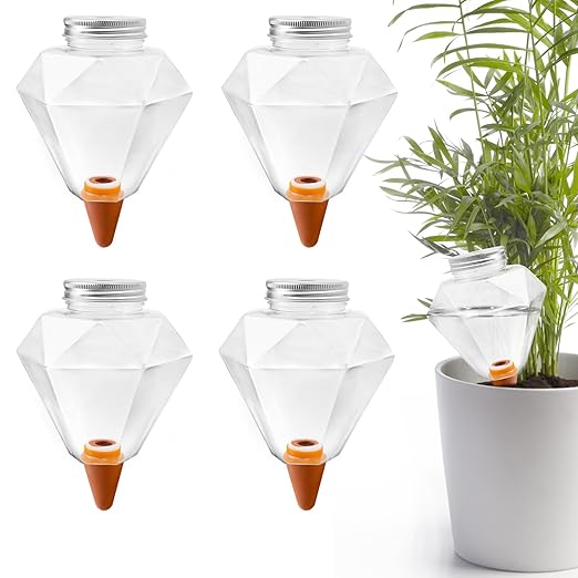 Watering Globes XL- 4 Pcs Diamond Plastic Shape Plant Watering Globes Self Watering Planter Insert 17oz Large for Indoor&Outdoor Plants Watering Bulbs