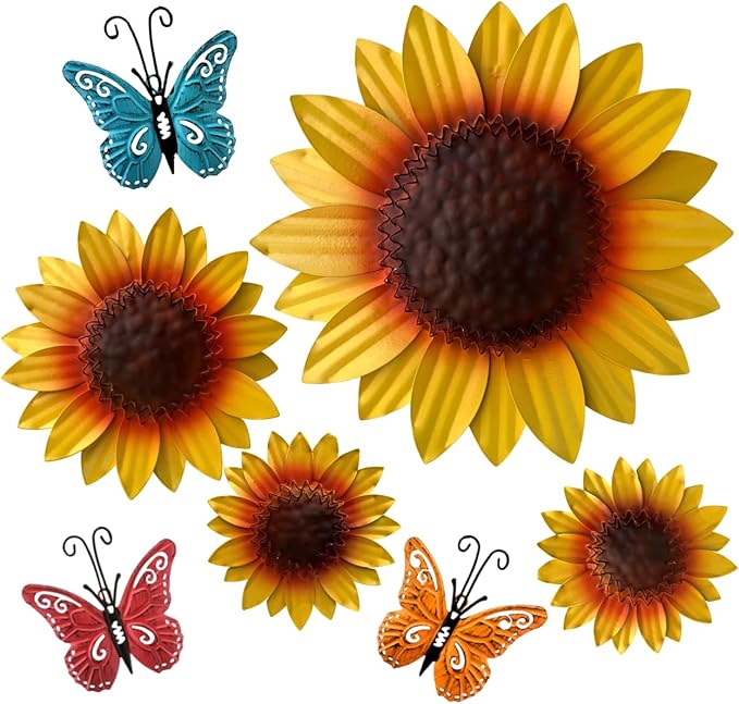 INNOBOUTIQUE Sunflower Wall Decor - Patio Sunflower Kitchen Decor Flower Wall Decor Outdoor Metal Wall Art Metal Flowers, Butterfly Decor 7 pieces
