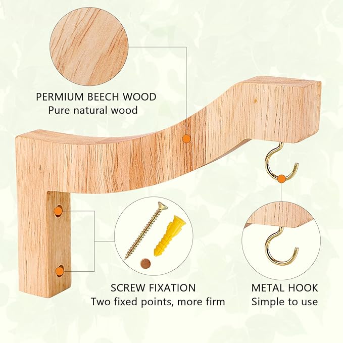 FGSAEOR T-Shaped Wooden Hanging Plant Bracket, 7-Inch Wall Hook Plant Hangers for Indoor Outdoor Hanging Bird Feeders, Flower Baskets, Wind Chimes