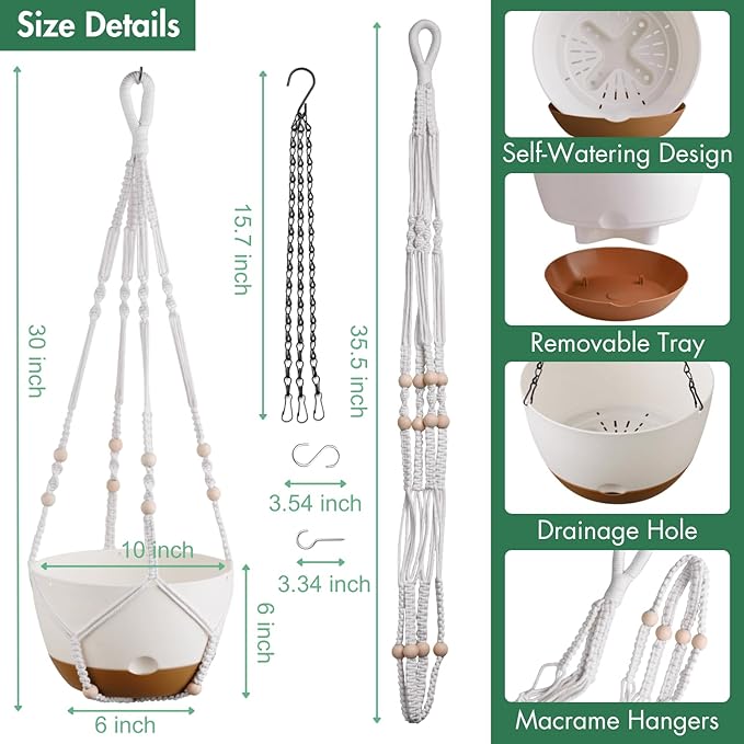 Set of 2-10 Inch Hanging Planters for Indoor Plants with Self-Watering Includes Hanging Pots for Plants, Outdoor Hanging Plant Pot with Drainage, and 2 Types of Hanging Baskets Hangers (White, 10inch)