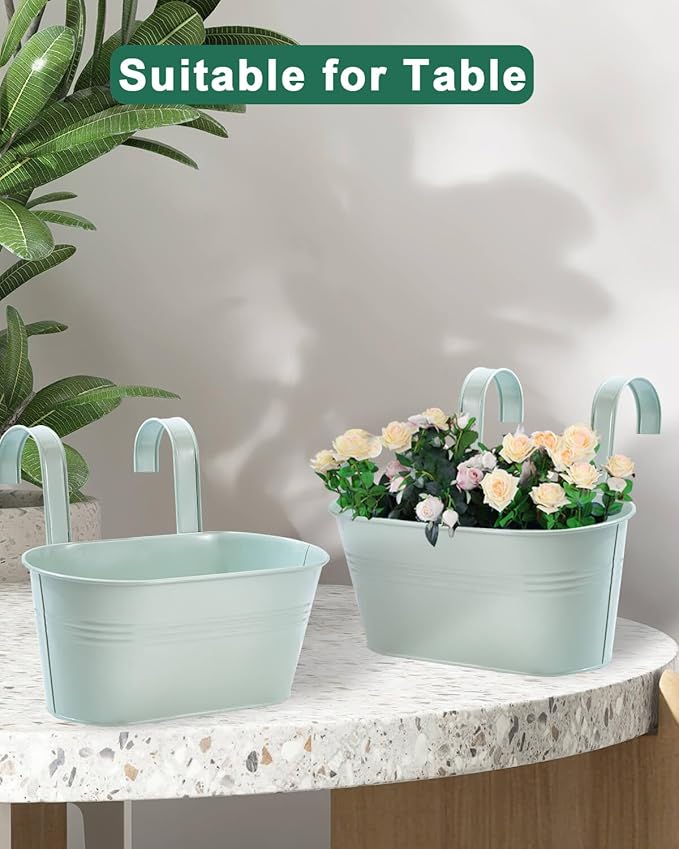 vensovo Metal Railing Planter for Outdoor Plants - 3 Pack Balcony Hanging Flower Pots with Detachable Hooks and Drain Holes Oval Bucket Rail Box Fence Planters for Home Garden Decor, Light Green