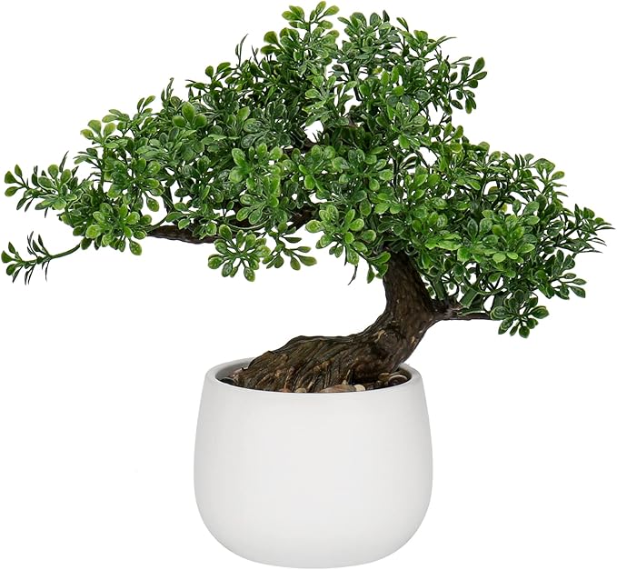 DILATATA Fake Bonsai Tree Zen Juniper Bonsai Plant 9” Tall Artificial Bonsai Trees with White Ceramic Pot Decorated with Pebbles Desk Plant Indoor Bonsai for Home Office Decor