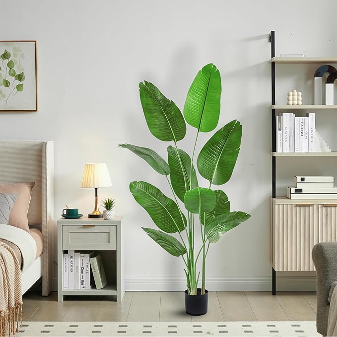 Lifelike Bird of Paradise Silk Artificial Plant Faux Banana Leaf Tree for Home Decor - Perfect Indoor Floor Plant with 9 Trunks (1, Black Planter, 4 FT)