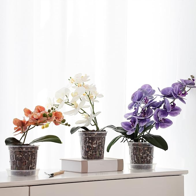TRUEDAYS 6 Pack Orchid Pot with Saucers Garden Pot 5 Inch Clear Plastic Plant Pots with Drainage Holes for Indoor Outdoor Plants