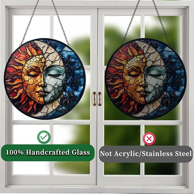 Sun and Moon Decor Suncatcher Stained Glass Window Hanging - Handmade Stained Glass Suncatchers Hanging Decoration with Metal Chain - Outdoor Garden Decor Gift for Women Christmas Thanksgiving Gifts
