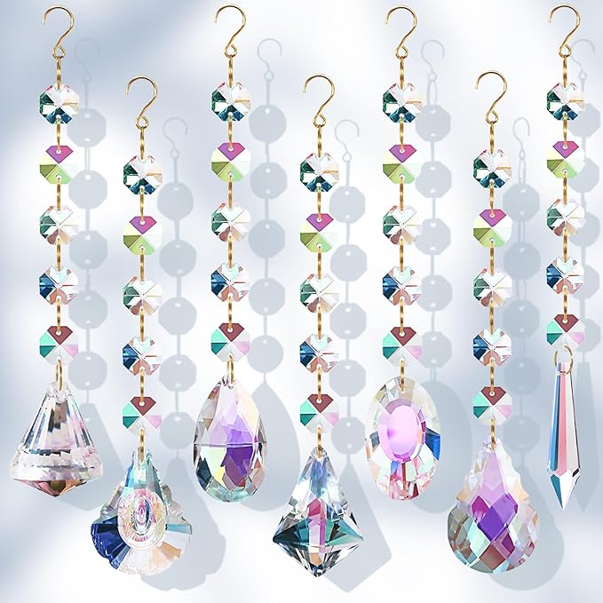 Sun Catchers for Windows Hanging, 7 Pcs Sun Catcher with Crystals, Colored Crystals Suncatchers Prisms Glass Pendant Ornament for Chandelier Garden Home Room Decoration