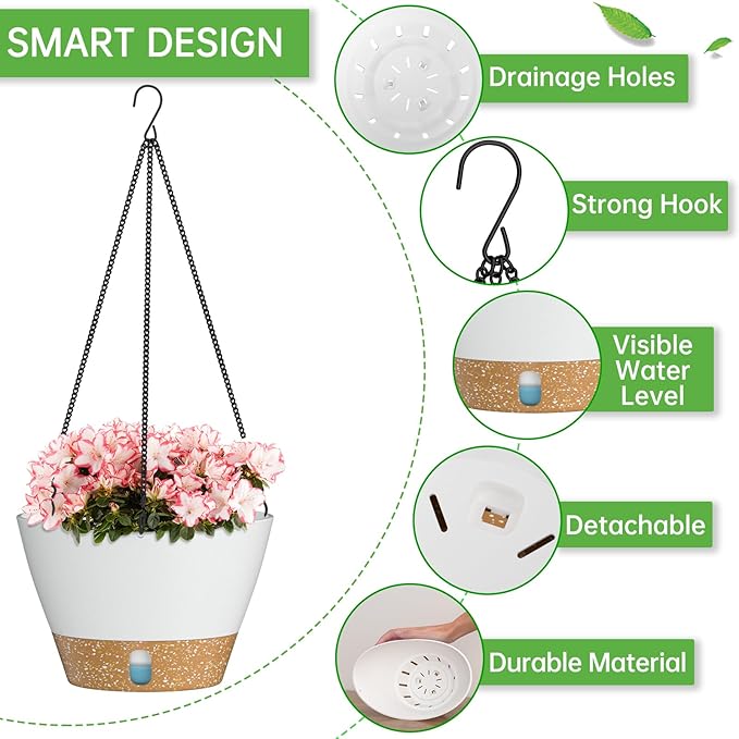 ZMTECH Hanging Planters for Indoor Plants Set of 2 Self Watering Hanging Pots Hanging Baskets Hanging Flower Pots for Outdoor Hanging Plants(8 Inch, White)