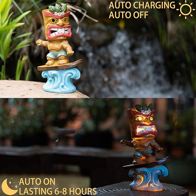 Solar Tiki Statue Outdoor Decor-Tiki Bar Decor-Garden Tiki Surfing Statues Waterproof Decoration Figurine for Tiki Bar,Patio,Balcony,Yard,Lawn,Table,Desk 9.92 Inches Tall