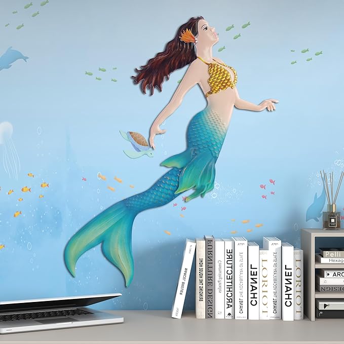 John's Studio Metal Mermaid Sea Wall Decor Outdoor Garden Hanging Art Sculptures Home Ocean Theme Decorations for Kitchen Bathroom and Pool - 14.9Inches