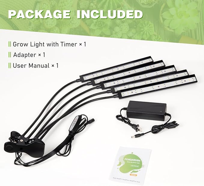 FOXGARDEN® Grow Lights for Indoor Plants Full Spectrum, Plant Lights for Indoor Growing with Timer 4/8/12 H, Five-Head 260 LED Clip Grow Lamp with Gooseneck, 4 Brightness Levels for Plant Growing