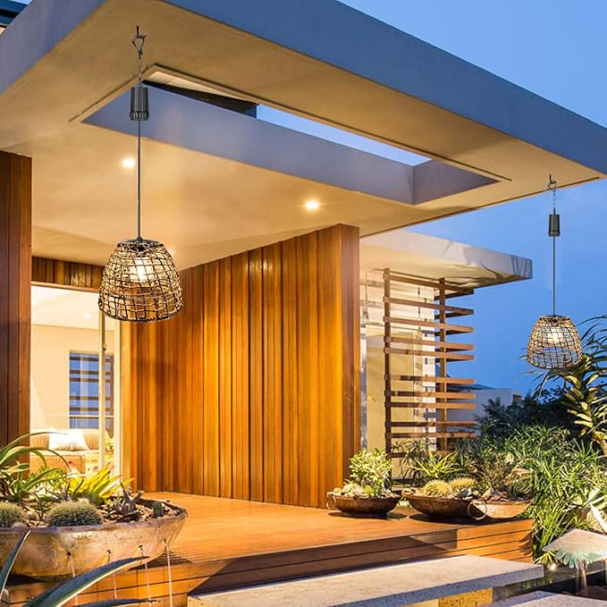 Larekook 6 Hours Timer Battery Operated Outdoor Hanging Light Seagrass Woven Waterproof Porch Gazebo Patio Pendant Lantern Chandelier Lighting Decorative Hollow-Out Auto On/Off Warm White Bulb