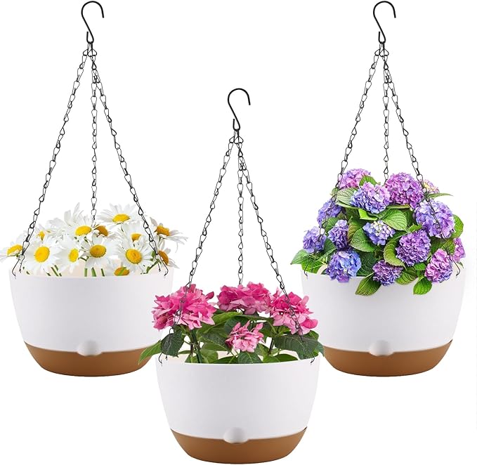 8.3 Inch Hanging Planter, 3 Pack Hanging Plastic Plant Self Watering Pot with Drainage Holes and Saucers, Hanging Baskets Flower Pots for Indoor Outdoor Garden Plants and Flowers-White