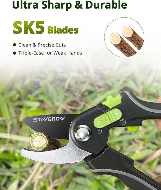 Pruning Shears for Gardening - 8.5" SK5 Garden Shears Cuts 10000+ Times Staying Sharp - Garden Scissors with One-handed Unlocking & Adjustable Handle- Garden Clippers Gardening Tools for Men Women