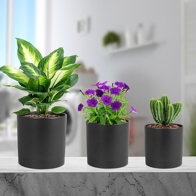 6/5/4 inch Flower Pots, Set of 3 Cylinder Plant Pots for Small Indoor Outdoor Plants, Plastic Planters with Drainage Holes and Saucers for Garden Succulent Nursery House Plants, Black