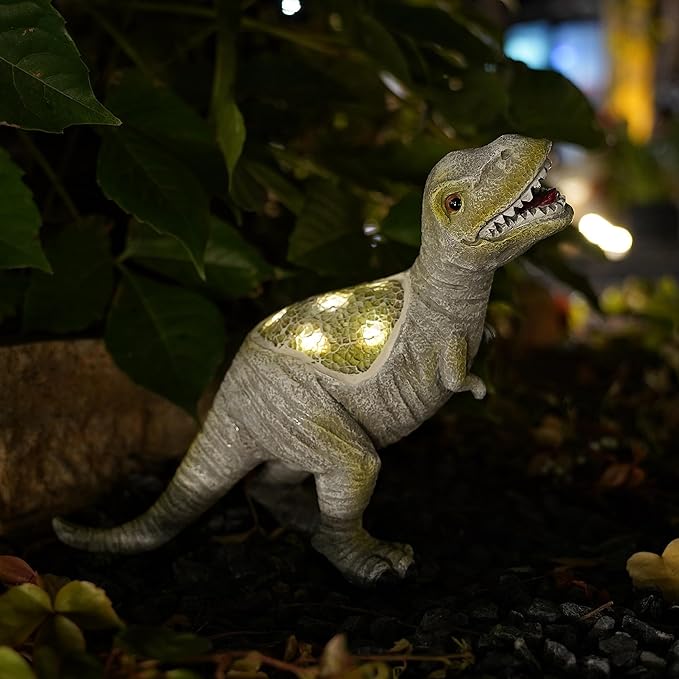 Solar Powered Lifelike Dinosaur Garden Statue Hand-Made Glass Craftsmanship Resin Outdoor Tyrannosaurus Figurine Light Decoration Home Decor Lawn Yard Patio Porch Ornament Gift