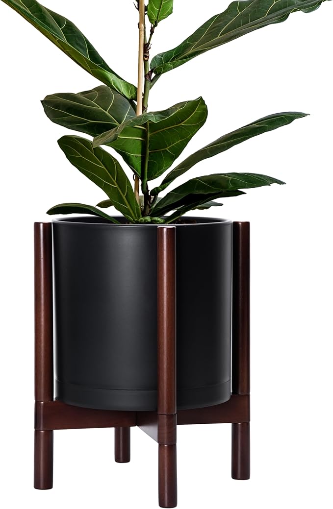 D'vine Dev Planter Pot with Stand - 12 Inch Plastic Cylinder Flower Pot with Wood Planter Holder for Indoor, Matte Black Pot + Mahogany Stand, 55-C-O-2