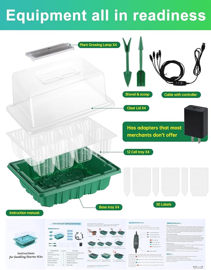 3-Pack Seed Starter Trays with Heat Mat, Seed Starter Kit with Grow Lights, 36 Large Cells Seed Germination Kit with Adjustable Humidity Vents for Indoor Plants Seeds Starting, Ideal Gardening Gifts
