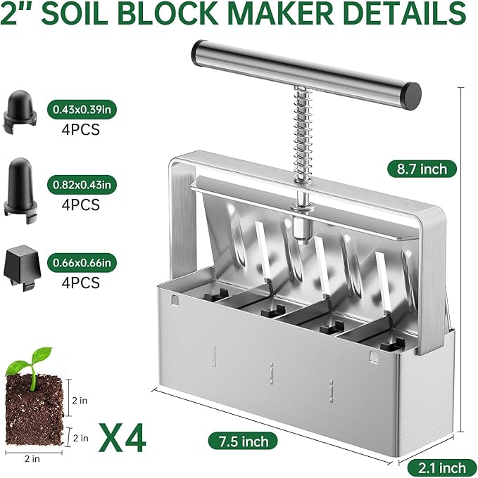 Soil Blocker, 2 Inch Soil Block Maker with 3 Sizes Seed Pins & Comfortable Handle 4 Cell Handlheld Soil Blocking Tool for Seed Starting, Grow Seedling, Outdoor Plants, Greenhouses, Garden