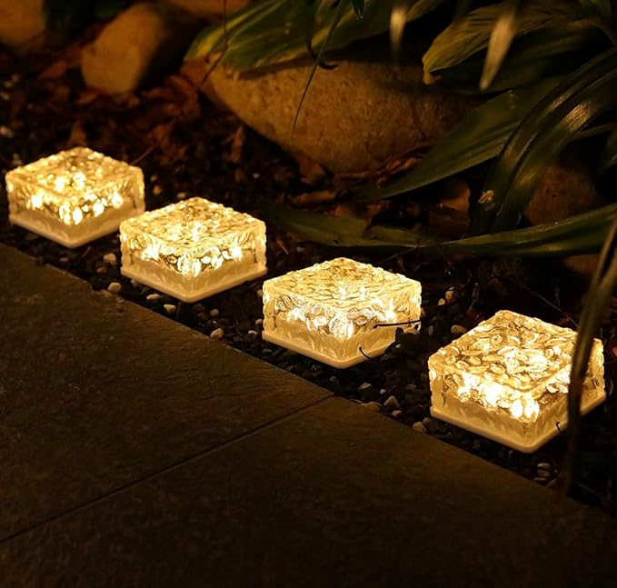 4Pack Solar Brick Lights,4.3 * 4.3in Outdoor Solar Lights,Pavers Lights,Solar Pathway Lights Outdoor Waterproof for Garden Courtyard Pathway, Ice Rock Cube Lights