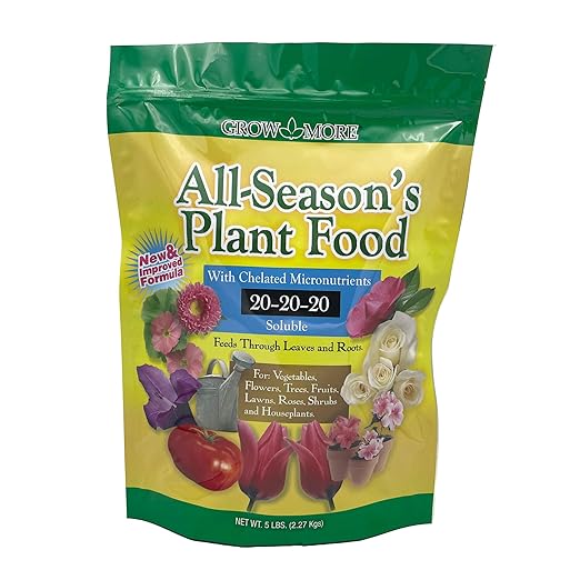 Grow More All-Season's Plant Food (20-20-20 Fertilizer) - 5lbs of All Purpose Fertilizer - Water Soluble Fertilizer Plant Food for Houseplants & Outdoor Plants with Chelated Micronutrients