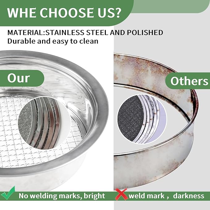 Soil Sifter for Rocks Stainless Steel Compost Sifter with 5 Replaceable Mesh, Dirt Sifter for Gardening Soil Weed Sand Cat Litter Bonsai with Planting Mat,Shovel,Gloves