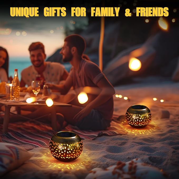 Reginary 2 Pcs Solar Table Lantern Outdoor Waterproof Dancing Flashing Flame 7 Color 2 Modes Metal Tabletop Light Desktop Decorative Lamp Auto On/Off Lighting for Patio Garden Pathway Yard (Bronze)