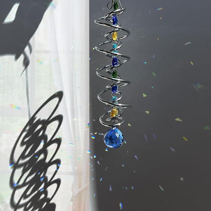 FONMY Gazing Ball Spiral Tail -Decorative Wind Spinner Sun Catcher Rainbow Maker Double-Spiral W/Sea Blue Crystal Ball and Chain Crystals for Indoor Outdoor Garden Decoration -14 inch Height