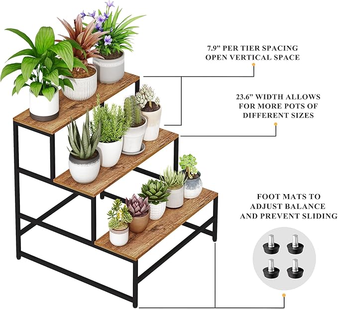 23.6" Wide Plant Stand Indoor, 3-Tier Modern Plant Ladder Shelf Corner Flower Pot Holder Organizer for Living Room Balcony Garden, Rustic Brown