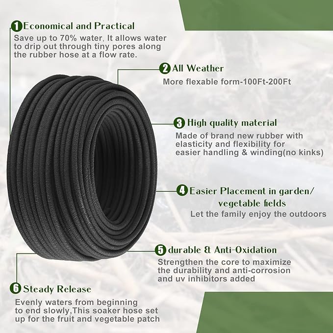 Sasylvia 400 ft 1/4 in Irrigation Tubing Soaker Hose System, Rubber and PE Material, Porous Drip Line for Watering Hydroponics Vegetable Beds, Black