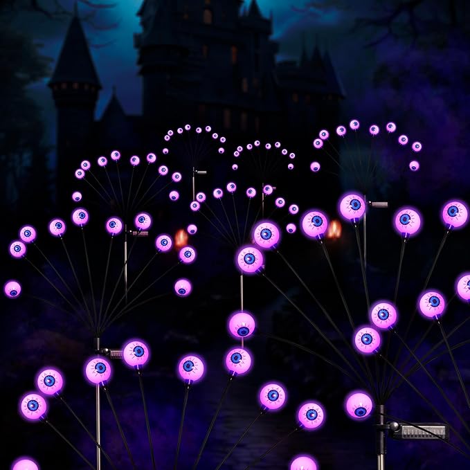 Solar Halloween Lights - 2 Pack 20LED Outdoor Waterproof Scary Eyeball Swaying Firefly Lights for Yard Garden Patio Party Decor Purple